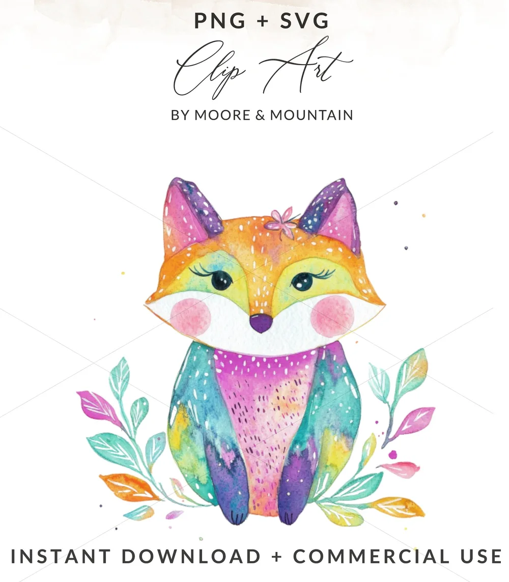 Watercolor illustration of a colorful fox with floral accents.