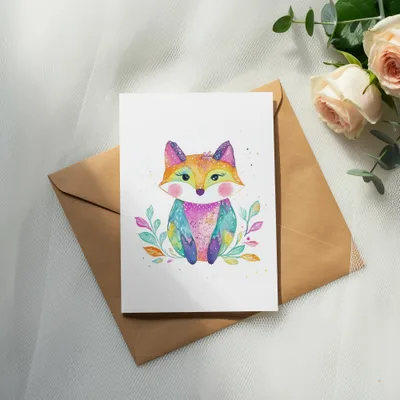 Watercolor illustration of a colorful fox on a greeting card.