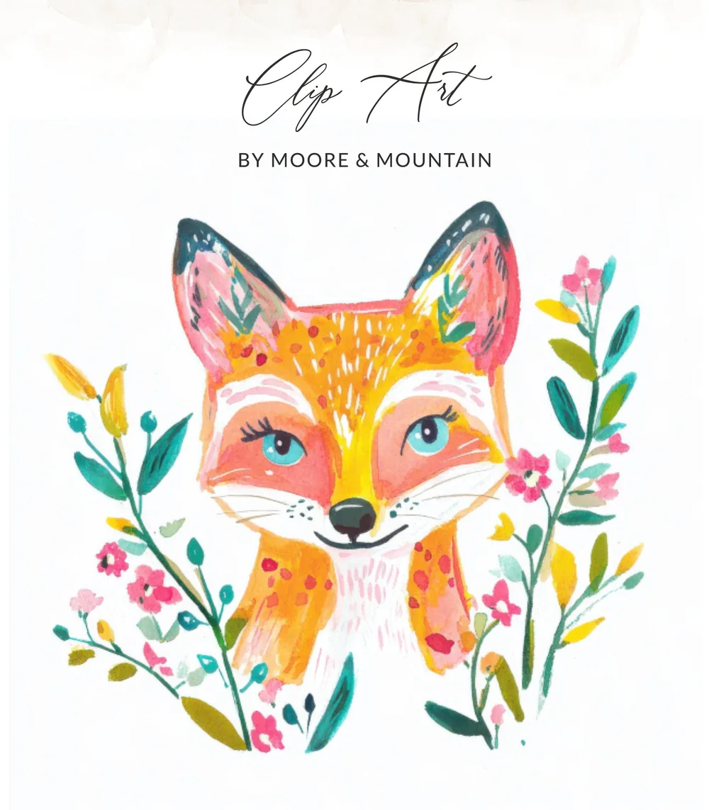 Watercolor illustration of a fox with flowers and "Clip Art by Moore & Mountain" text.
