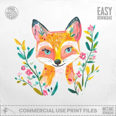 Watercolor fox illustration surrounded by floral elements.