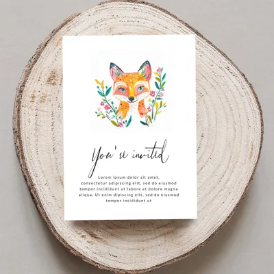 Greeting card with watercolor fox illustration and "You're invited" text.