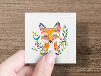 Whimsical fox illustration with floral accents on a white card held by a hand.
