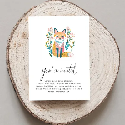 Hand-painted fox illustration on "You're invited" card with placeholder text.