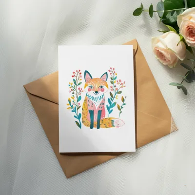Card with illustrated fox and floral design on brown envelope.