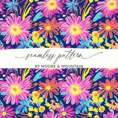 Preppy Gerbera Daisy Pink Neon Floral Background Fireworks Flowers Seamless Pattern