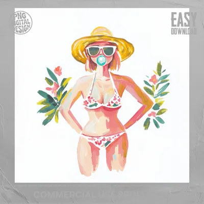 Woman in floral bikini and sunhat blowing bubble gum, with foliage.