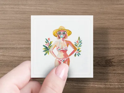 Woman in bikini and hat with sunglasses, holding a pacifier.