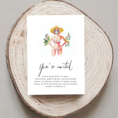 Watercolor illustration of a woman in swimwear on a card with "You're invited" text.