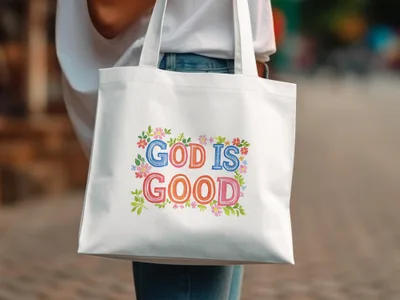 White canvas tote bag with colorful "God Is Good" floral text design.