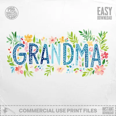 "GRANDMA" in watercolor lettering with floral accents.
