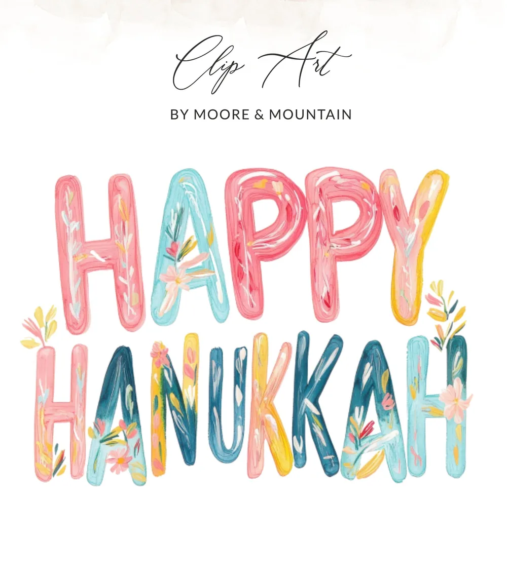 Happy Hanukkah text with floral accents and watercolor texture.
