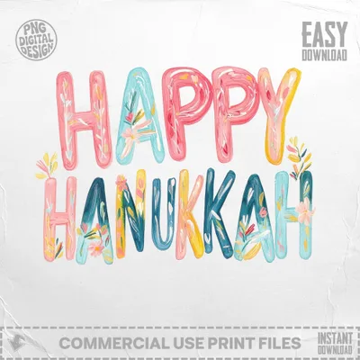 Happy Hanukkah text with floral accents, in pastel colors.