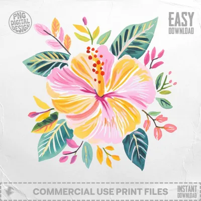 Watercolor hibiscus flower with green leaves and text "PNG DIGITAL DESIGN".