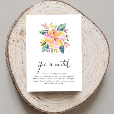 Invitation card with floral illustration and "You're invited" text.