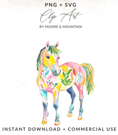 Preppy Horse Art, Vibrant PNG Download, Kawaii Animal Art, Rainbow Aesthetic Art, Colorful Sticker Design, Cricut SVG, Digital Product
