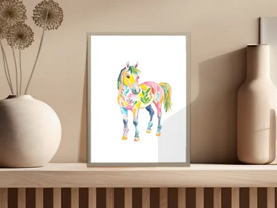 Watercolor painting of a colorful horse with floral designs.