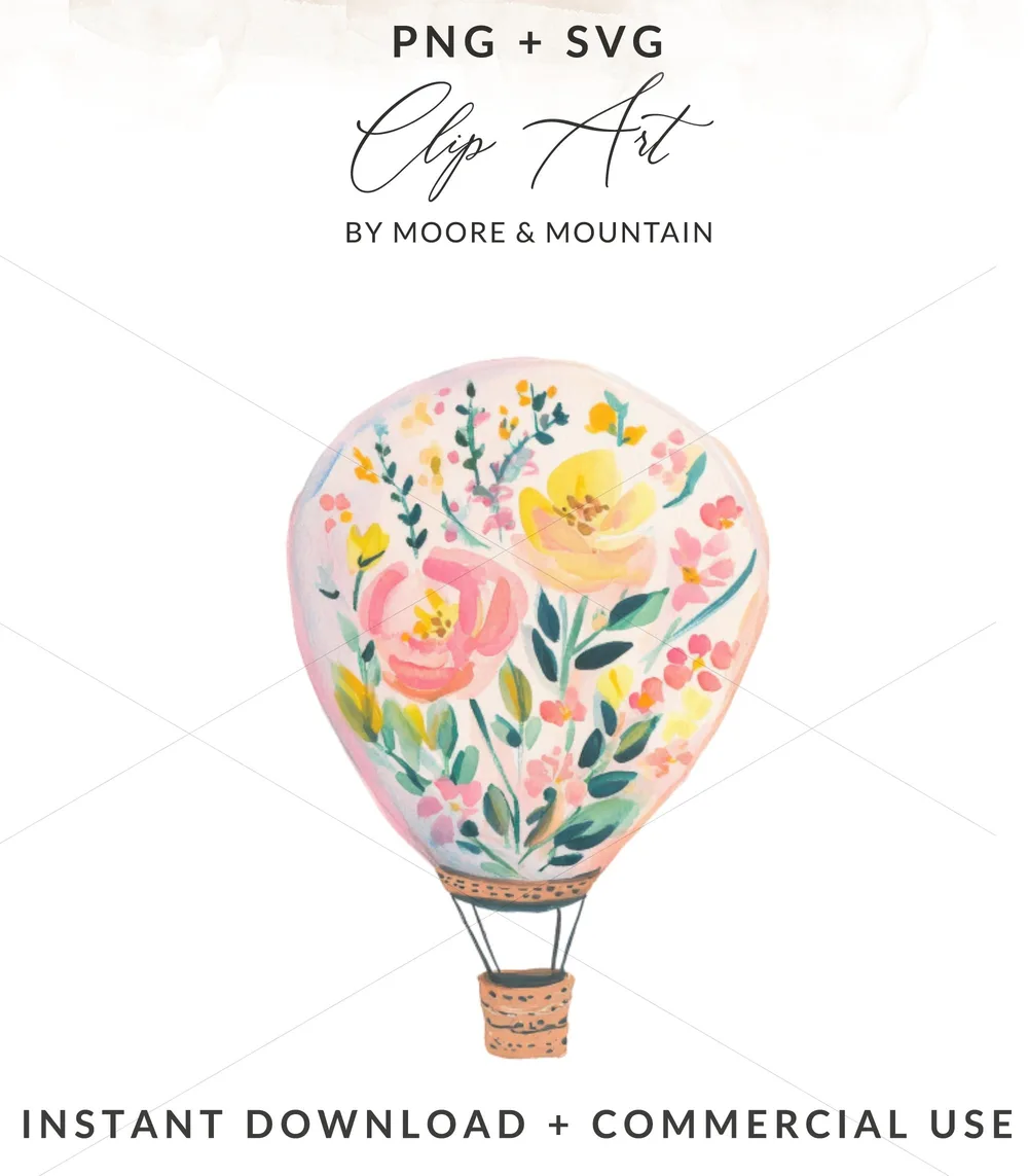 Watercolor hot air balloon with floral design.