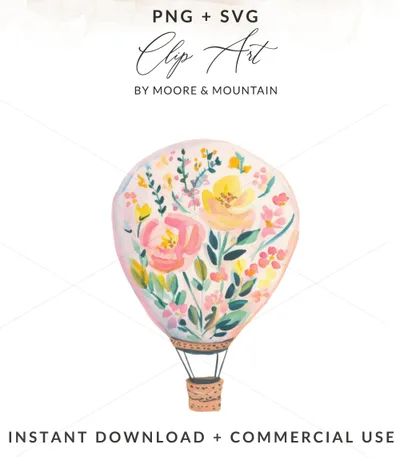 Preppy Hot Air Balloon Clipart, Floral Balloon SVG, Rainbow Pastel PNG, Cute Sticker Design, Trendy Girly Graphic, Digital Download
