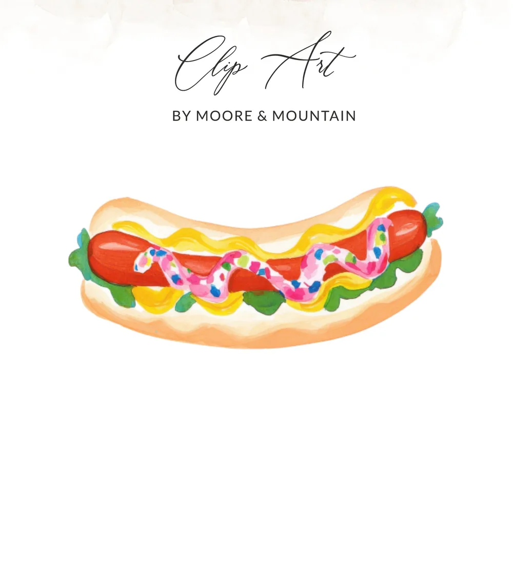 Hot dog with mustard, ketchup, and sprinkles, "Clip Art" by Moore & Mountain.