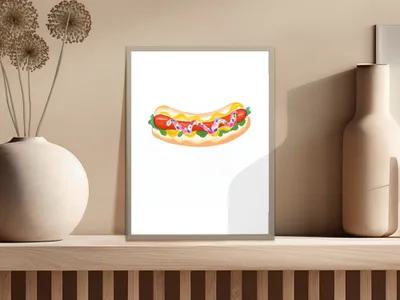 Watercolor illustration of a hot dog with mustard, ketchup, and relish on a bun.