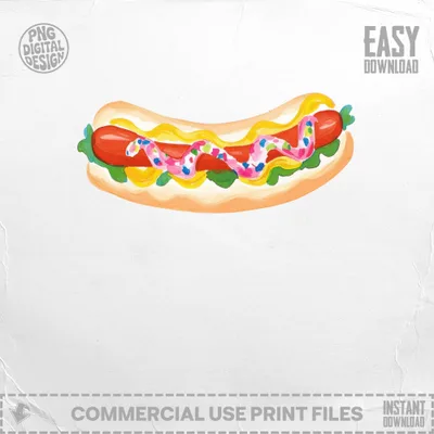 Watercolor illustration of a hot dog with mustard and ketchup on a bun.