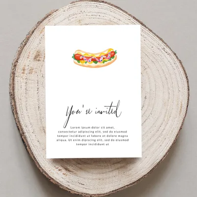Invitation with a hot dog graphic and "You're invited" text.