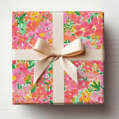 Bright Floral Gift Wrap Design with Cream Ribbon Bow