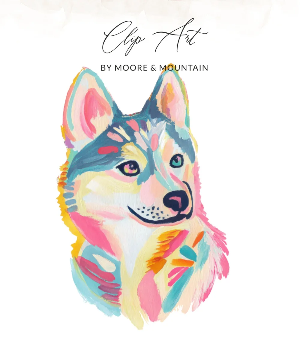 Abstract watercolor portrait of a husky dog's head with colorful brushstrokes.