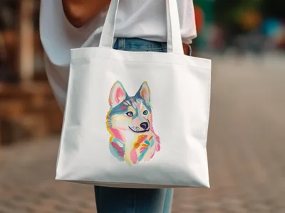 White tote bag with colorful watercolor husky dog illustration.