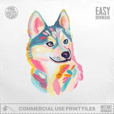 Colorful abstract husky dog portrait with "EASY DOWNLOAD" text.