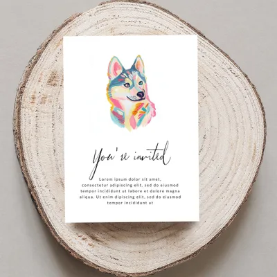 Card with colorful dog illustration and "You're invited" text.