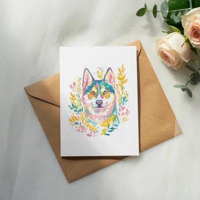 Watercolor painting of a colorful husky dog on a card, resting on an envelope.