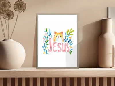 Watercolor painting of a cat with "Jesus" text in colorful letters.