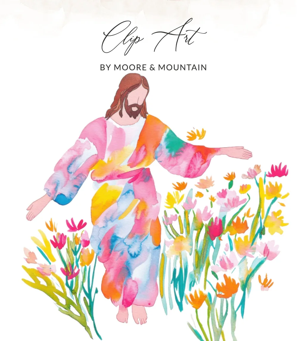 Jesus in colorful robe with watercolor flowers.