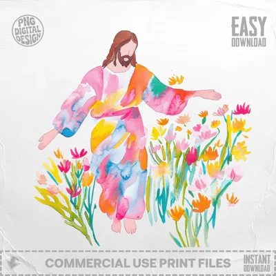 Jesus in watercolor surrounded by colorful flowers, easy download.