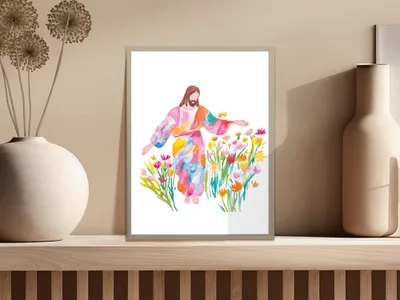 Jesus surrounded by colorful flowers and plants.