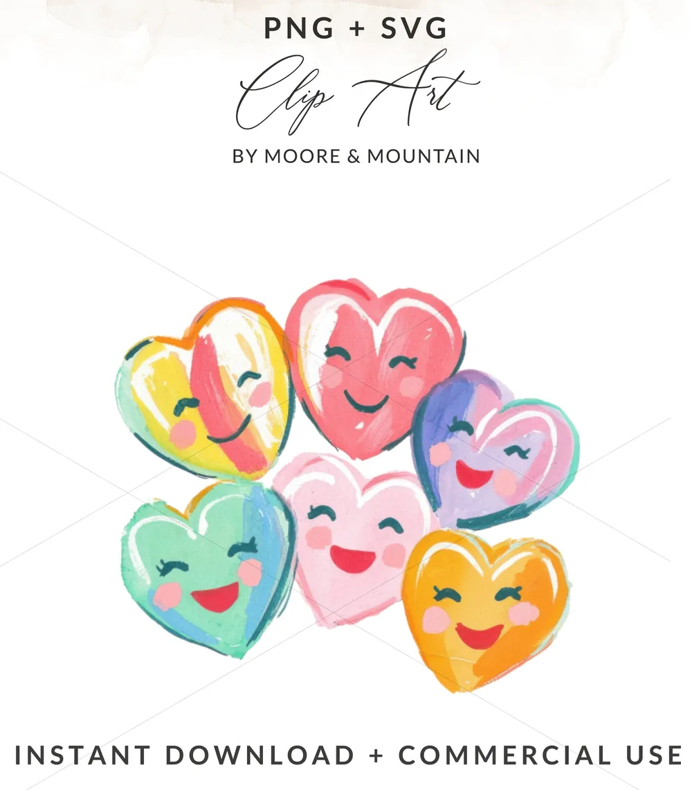 Hearts with smiling faces and colorful swirls.