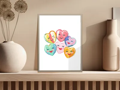 Art print of seven colorful, smiling heart characters with different expressions.
