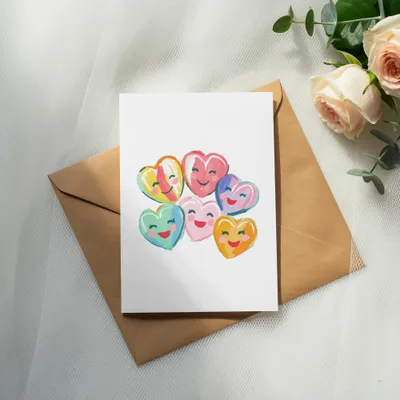 Card with colorful heart characters on a kraft envelope with roses.