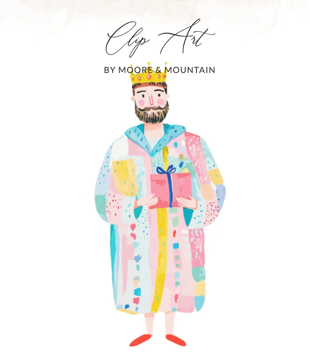 King with gift, watercolor style, holding pink present.
