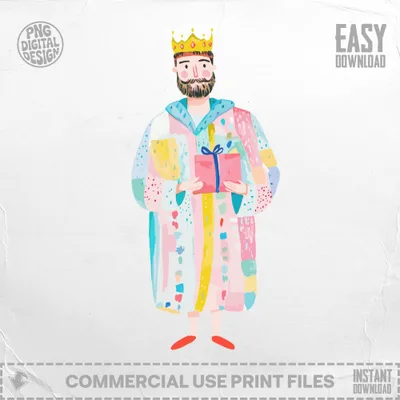 King with crown and colorful robe holding a gift, digital design.
