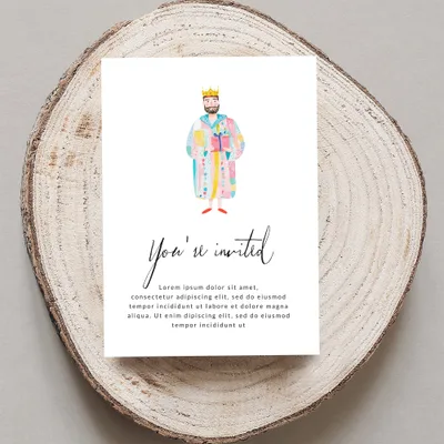 Invitation with colorful illustrated king and "You're invited" text.