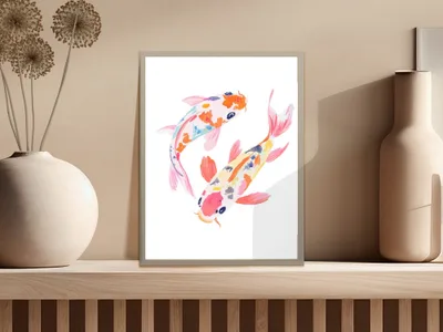 Two colorful koi fish swim together in a painting.