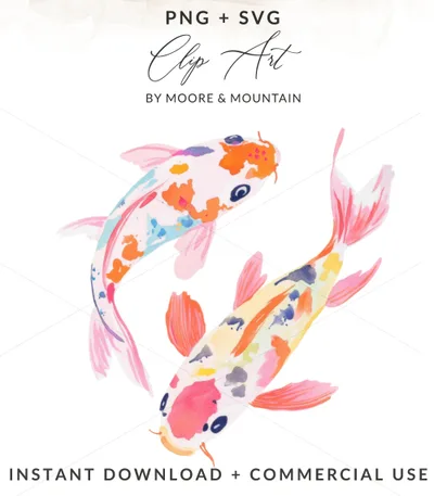 Watercolor koi fish with "PNG + SVG" and "BY MOORE & MOUNTAIN" text.