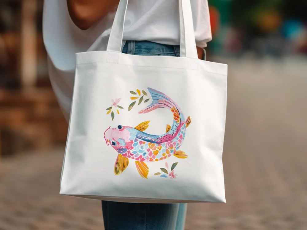 White tote bag featuring a colorful watercolor koi fish with floral accents.