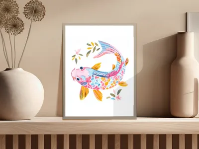 Colorful koi fish illustration with floral accents in a framed print.
