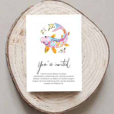 Invitation with colorful koi fish illustration and placeholder text.
