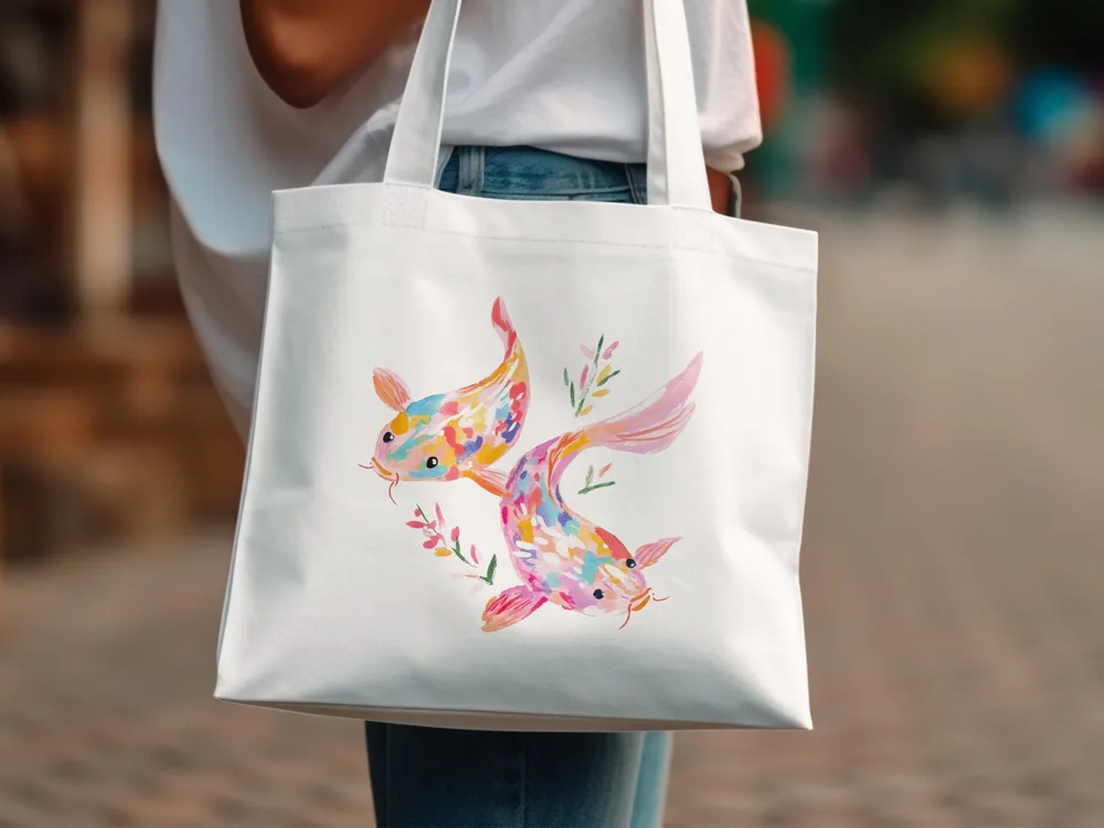 White canvas tote bag with colorful watercolor koi fish illustration.