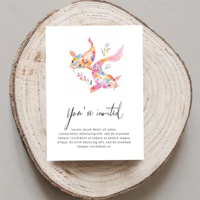 Invitation with colorful koi fish illustration and "You're invited" text.