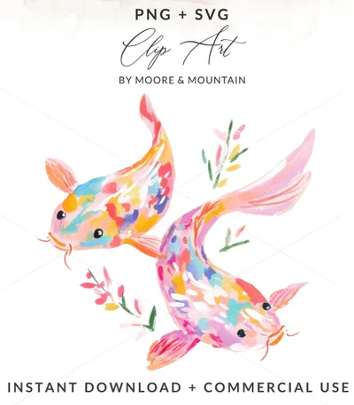 Two colorful koi fish with floral accents, "PNG + SVG CLIP ART BY MOORE & MOUNTAIN INSTANT DOWNLOAD + COMMERCIAL USE".